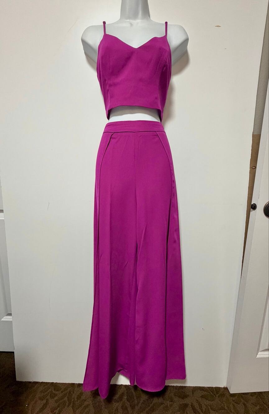 Lulus Two Piece Lace Up Top w/ wide leg Trouser, Magenta Womens Size S